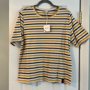 KULE navy and goldenrod colored striped shirt